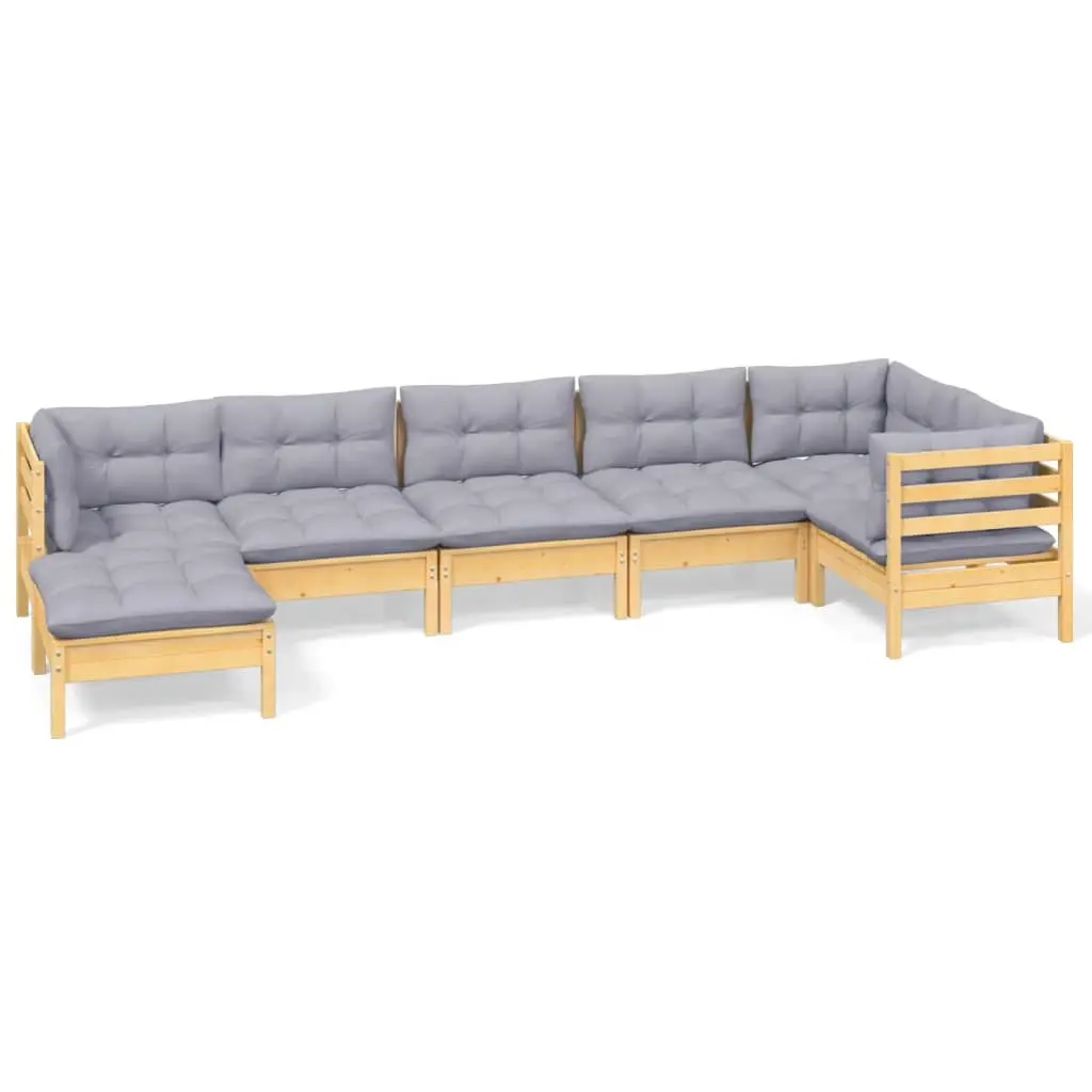 7 Piece Garden Lounge Set with Grey Cushions Solid Pinewood 3096549 - Furniture