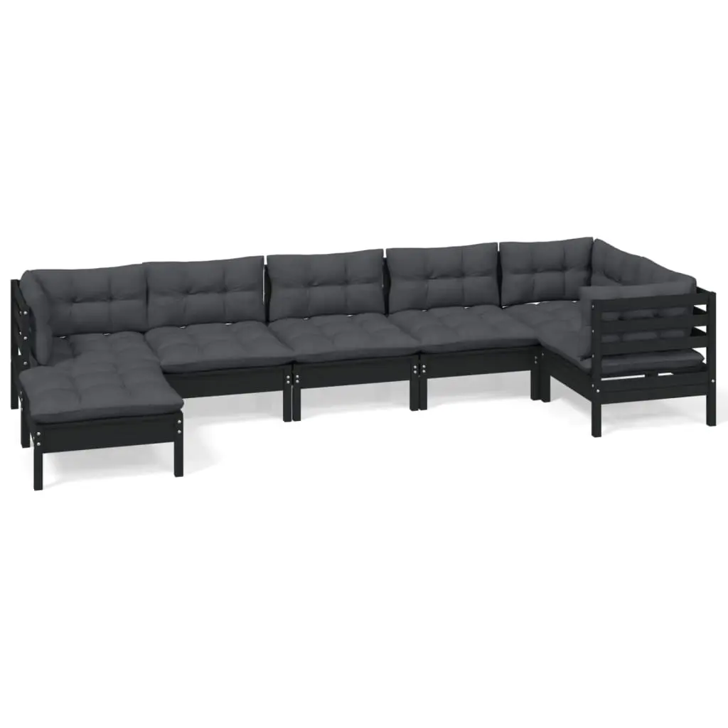 7 Piece Garden Lounge Set with Cushions Black Solid Pinewood 3096554 - Furniture