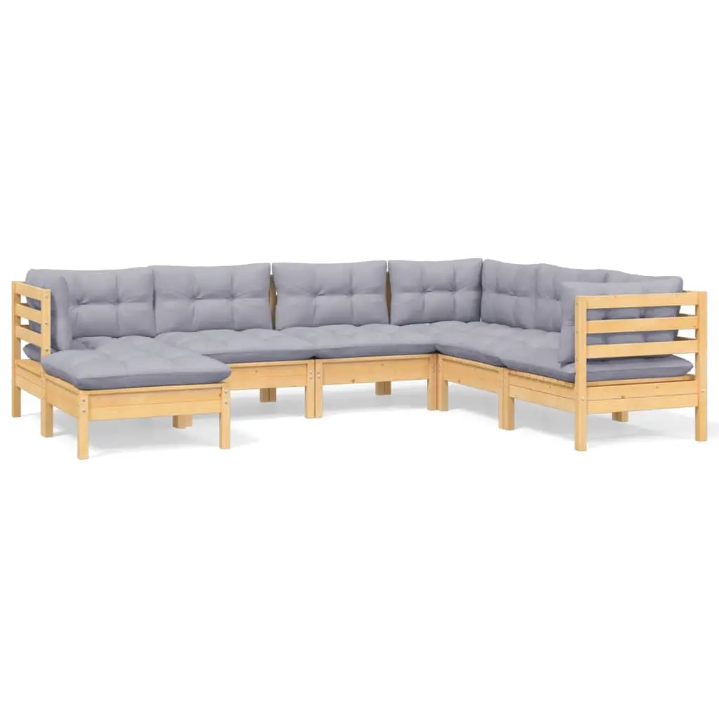 7 Piece Garden Lounge Set with Grey Cushions Solid Pinewood 3096561 - Furniture