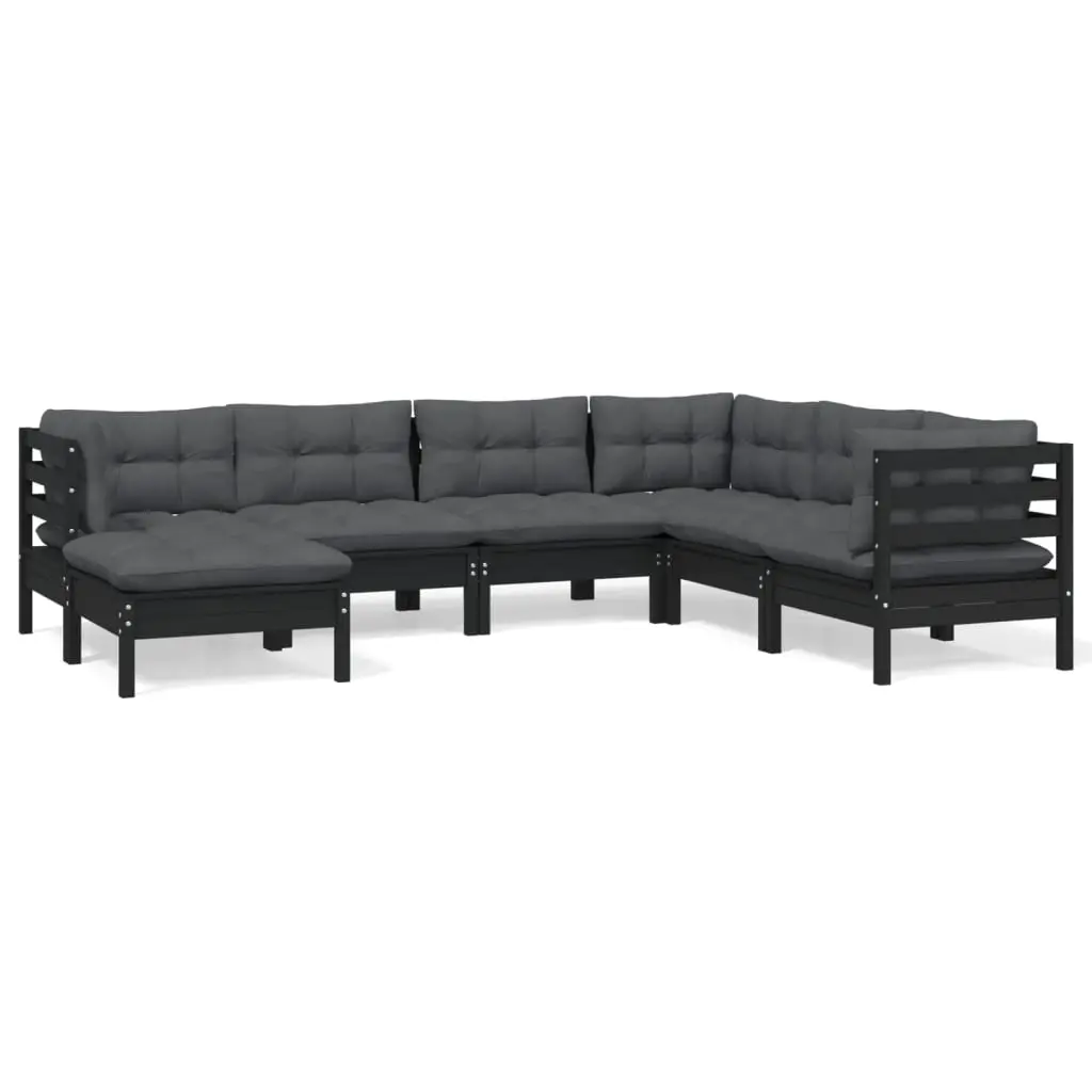 7 Piece Garden Lounge Set with Cushions Black Solid Pinewood 3096566 - Furniture