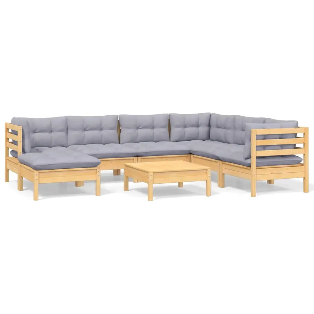 8 Piece Garden Lounge Set with Grey Cushions Solid Pinewood 3096652 - Furniture