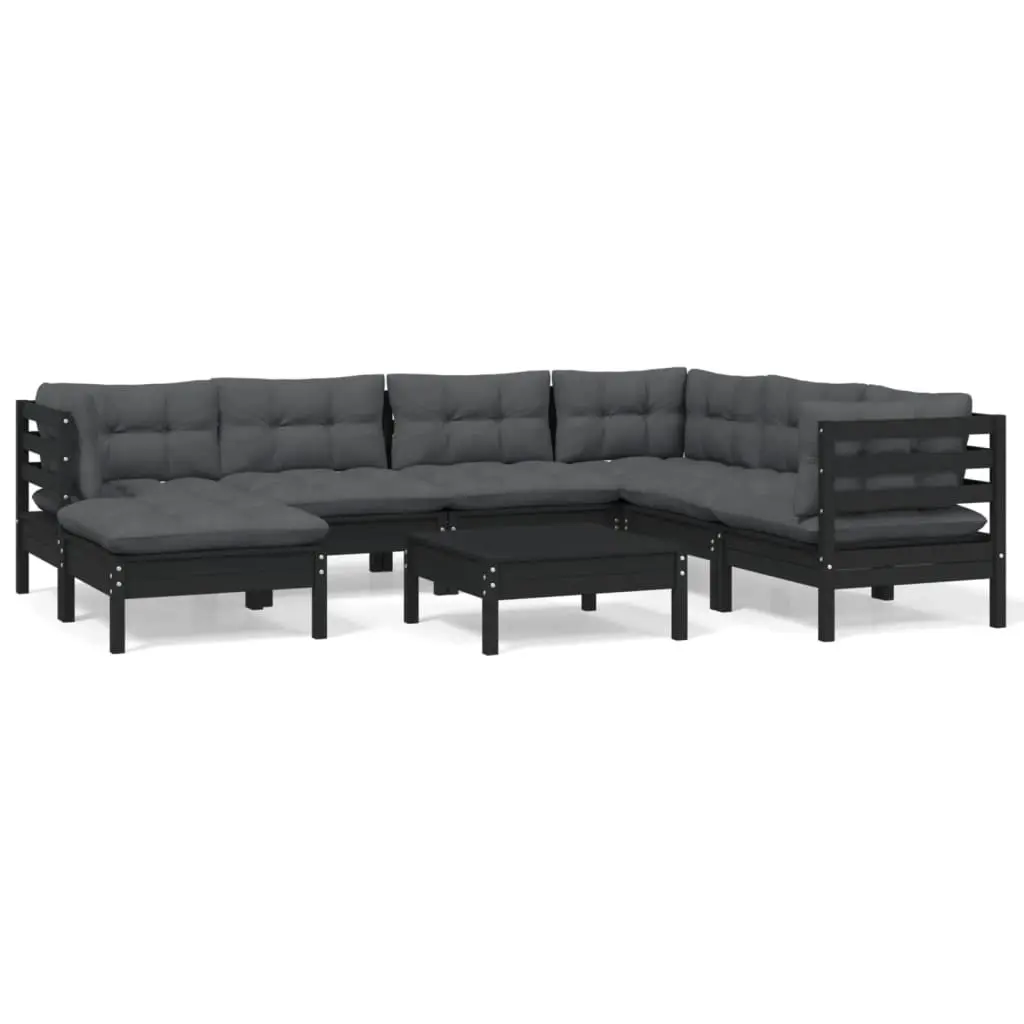 8 Piece Garden Lounge Set with Cushions Black Solid Pinewood 3096657 - Furniture