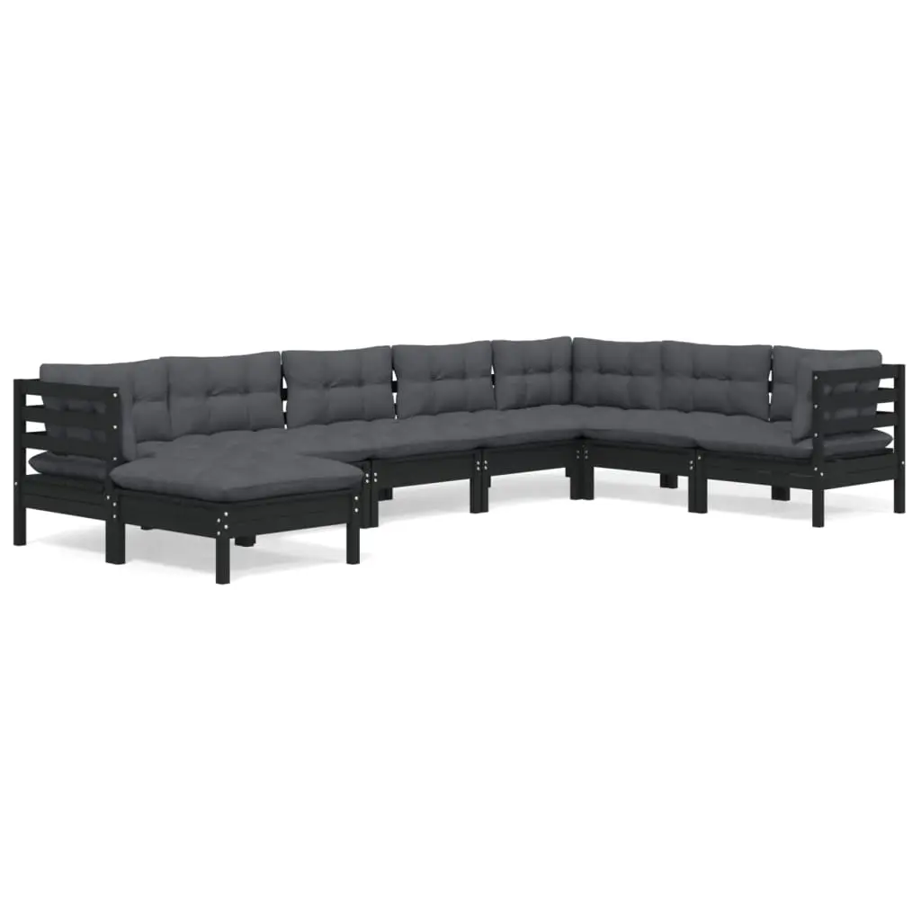 8 Piece Garden Lounge Set with Cushions Black Solid Pinewood 3096663 - Furniture