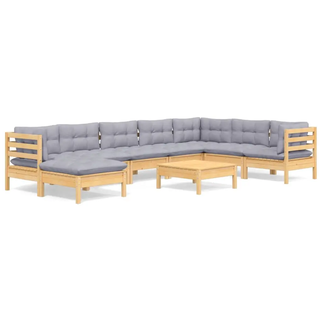 9 Piece Garden Lounge Set with Grey Cushions Solid Pinewood 3096664 - Furniture