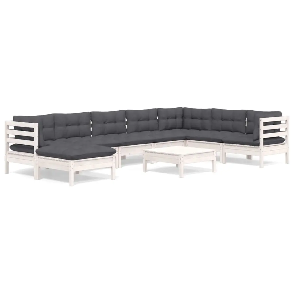 9 Piece Garden Lounge Set with Cushions White Solid Pinewood 3096666 - Furniture