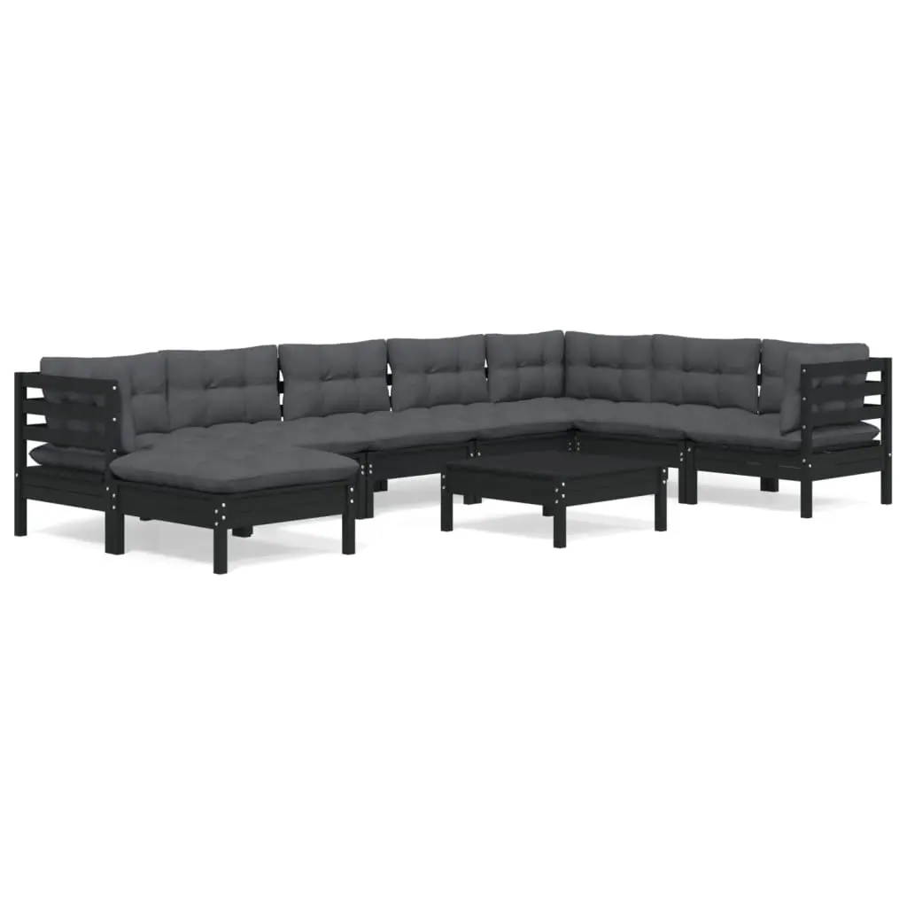 9 Piece Garden Lounge Set with Cushions Black Solid Pinewood 3096669 - Furniture