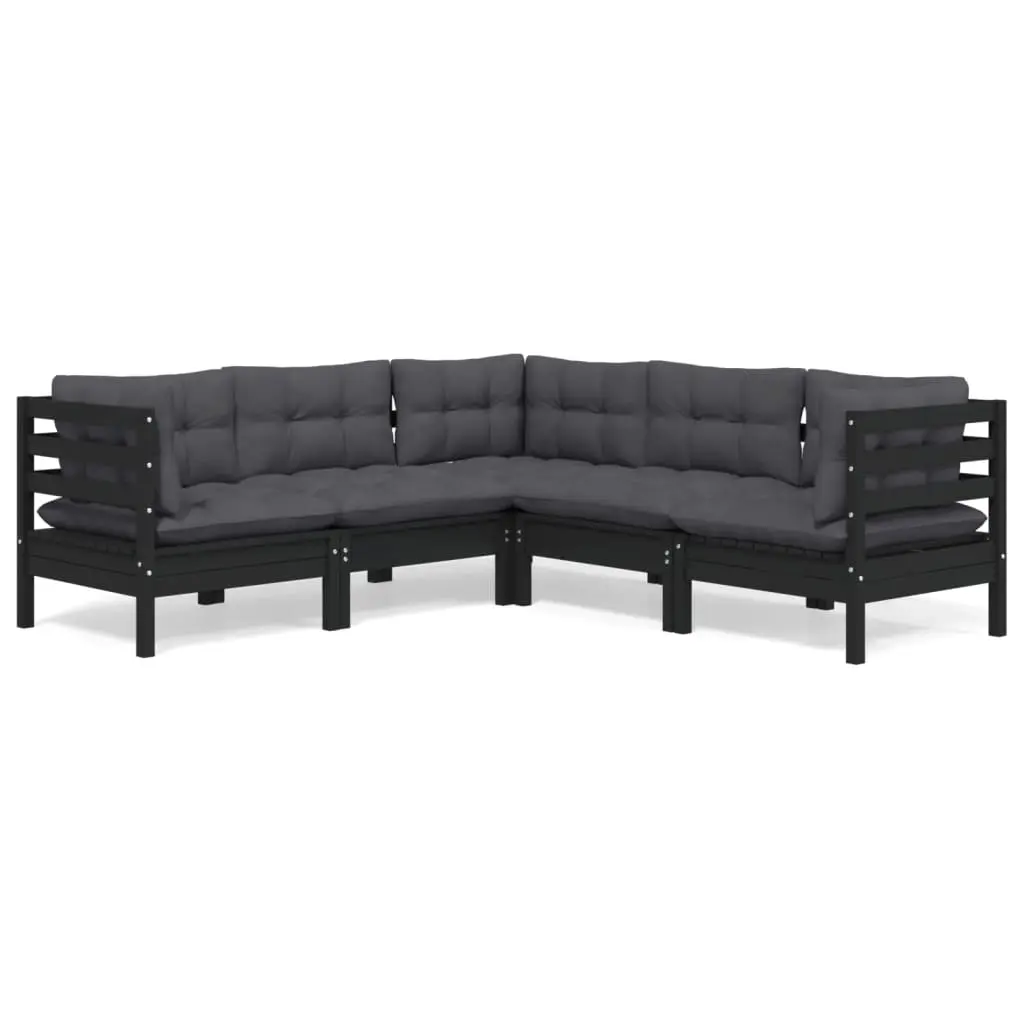 5 Piece Garden Lounge Set with Cushions Black Solid Pinewood 3096675 - Furniture