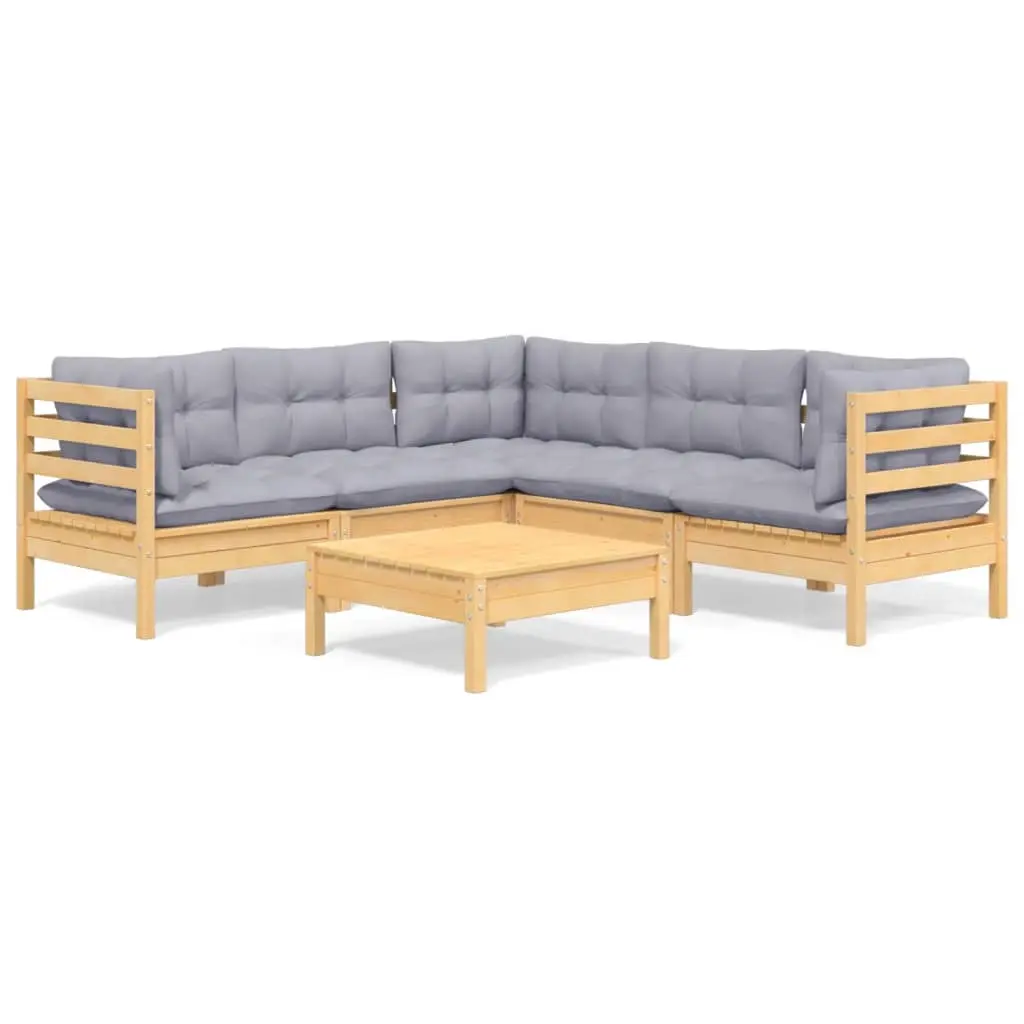 6 Piece Garden Lounge Set with Grey Cushions Solid Pinewood 3096676 - Furniture