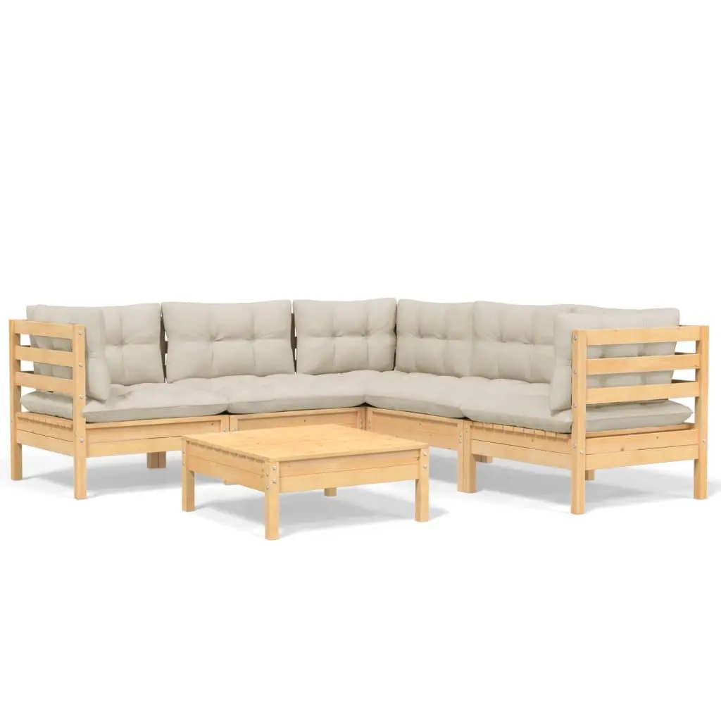 6 Piece Garden Lounge Set with Cream Cushions Solid Pinewood 3096677 - Furniture
