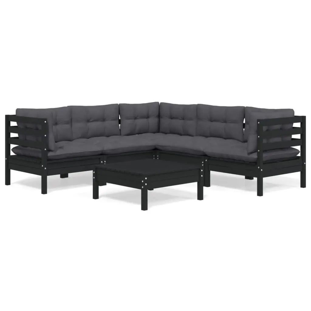 6 Piece Garden Lounge Set with Cushions Black Solid Pinewood 3096681 - Furniture