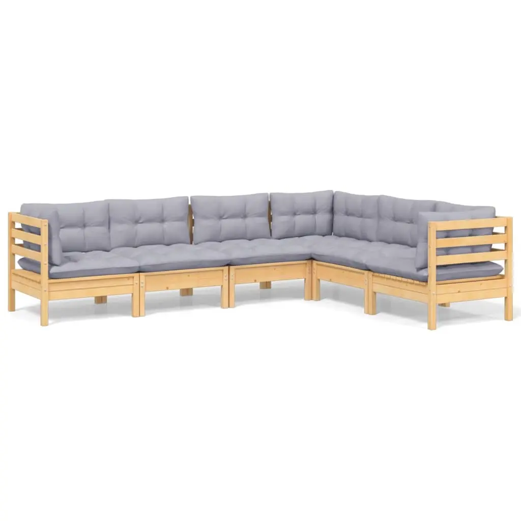 6 Piece Garden Lounge Set with Grey Cushions Solid Pinewood 3096682 - Furniture