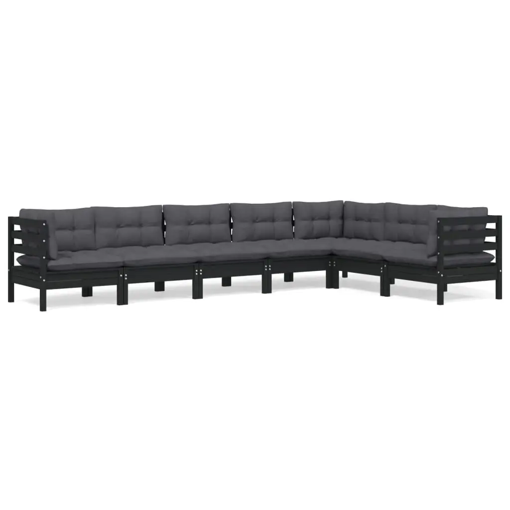 7 Piece Garden Lounge Set with Cushions Black Solid Pinewood 3096699 - Furniture