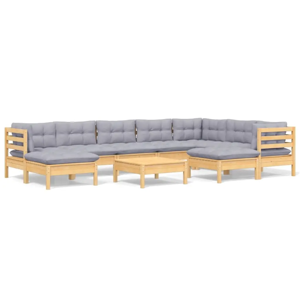 10 Piece Garden Lounge Set with Grey Cushions Solid Pinewood 3096712 - Furniture
