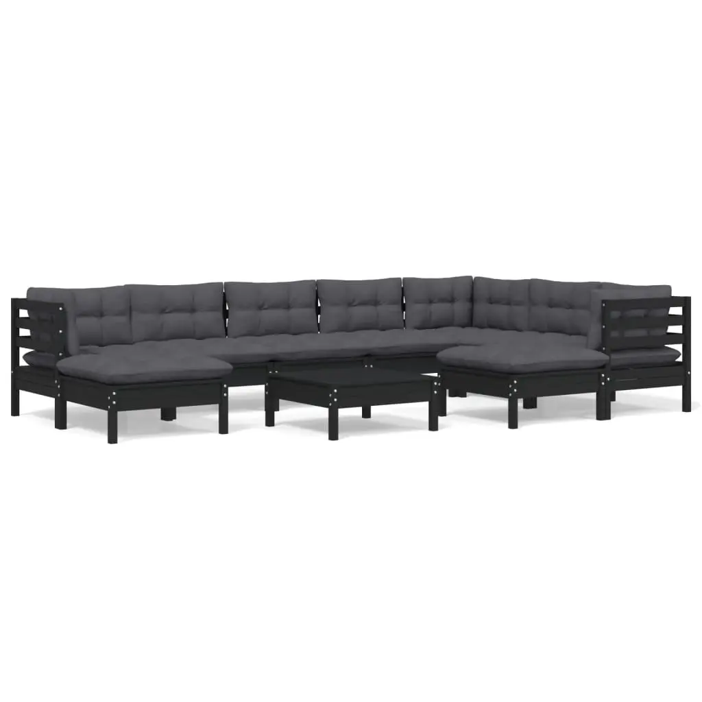 10 Piece Garden Lounge Set with Cushions Black Solid Pinewood 3096717 - Furniture