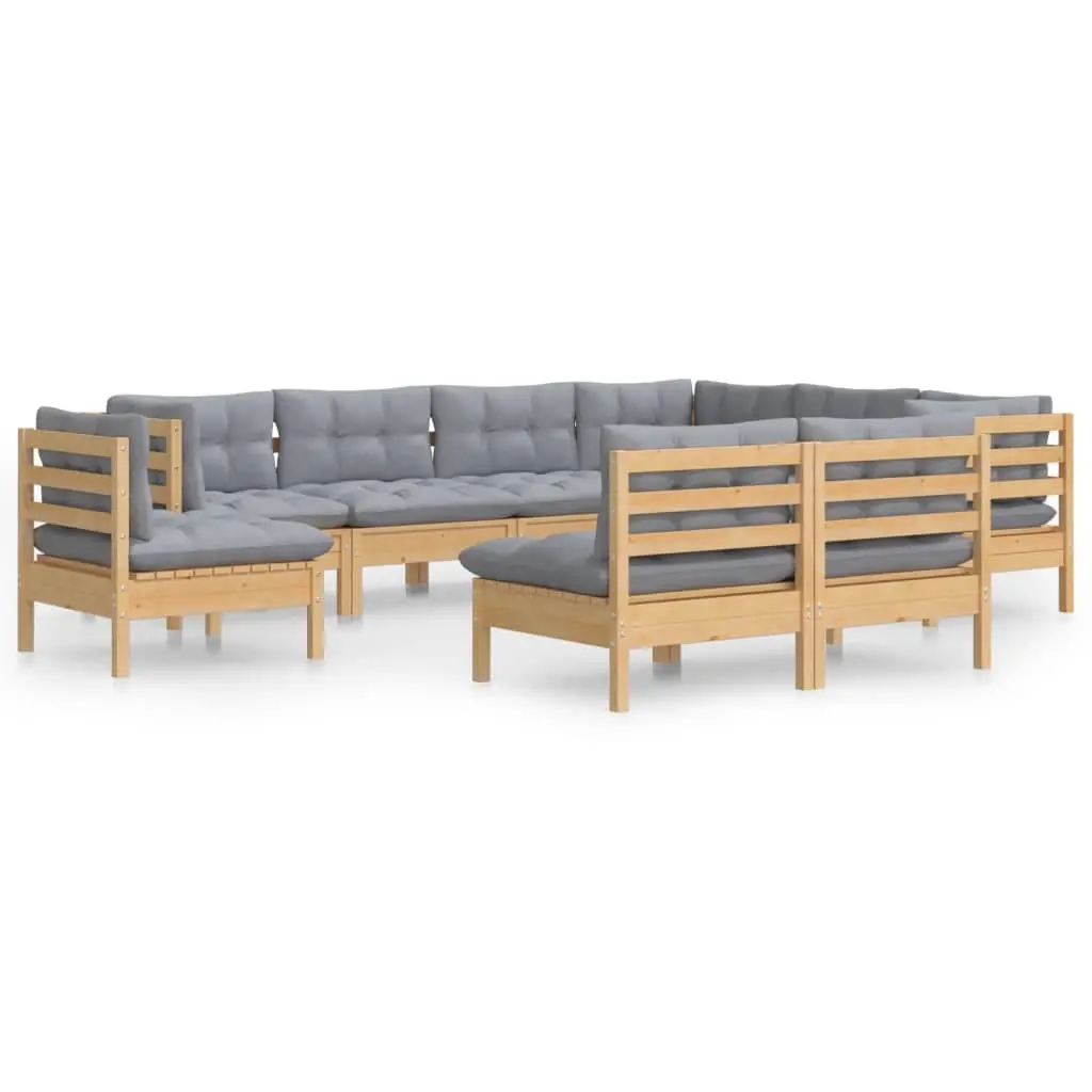 9 Piece Garden Lounge Set with Grey Cushions Solid Pinewood 3096742 - Furniture