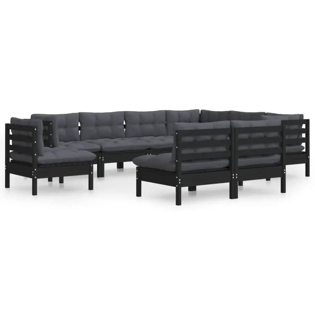 9 Piece Garden Lounge Set with Cushions Black Solid Pinewood 3096747 - Furniture