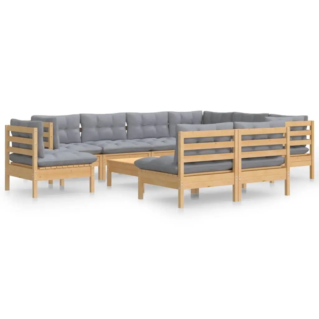 10 Piece Garden Lounge Set with Grey Cushions Solid Pinewood 3096748 - Furniture