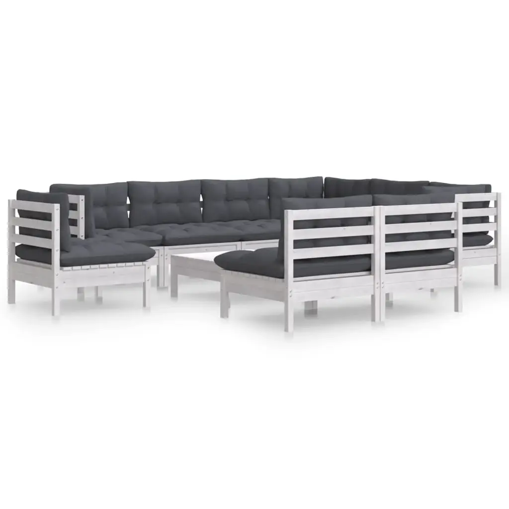 10 Piece Garden Lounge Set with Cushions White Solid Pinewood 3096750 - Furniture