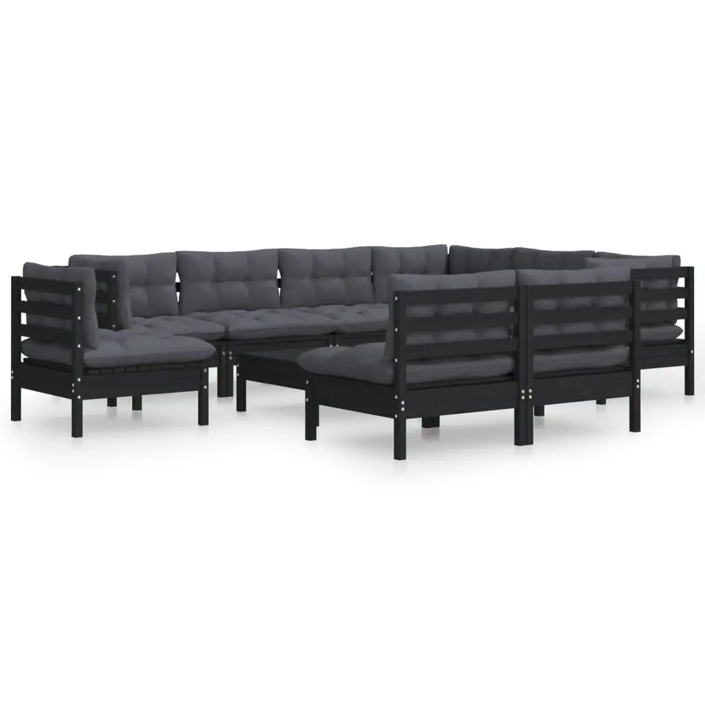 10 Piece Garden Lounge Set with Cushions Black Solid Pinewood 3096753 - Furniture