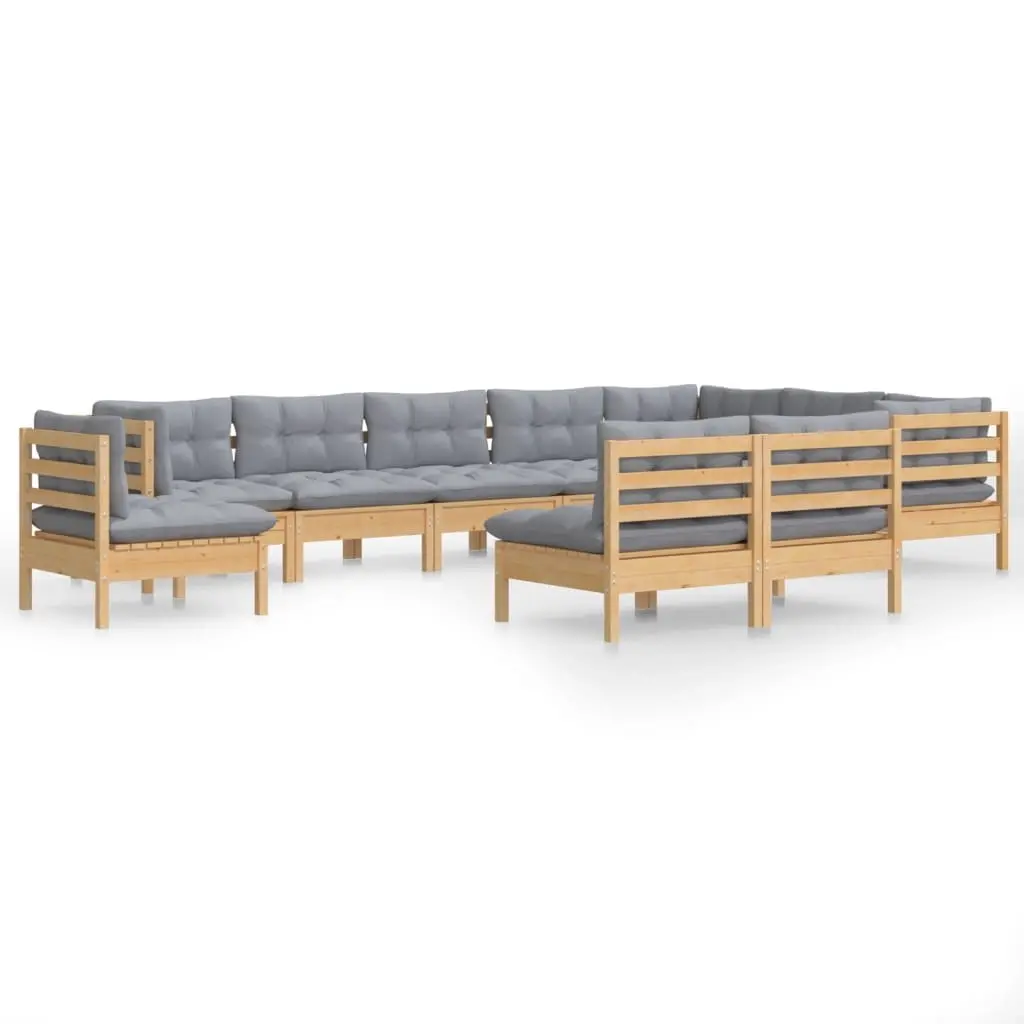 10 Piece Garden Lounge Set with Grey Cushions Solid Pinewood 3096754 - Furniture
