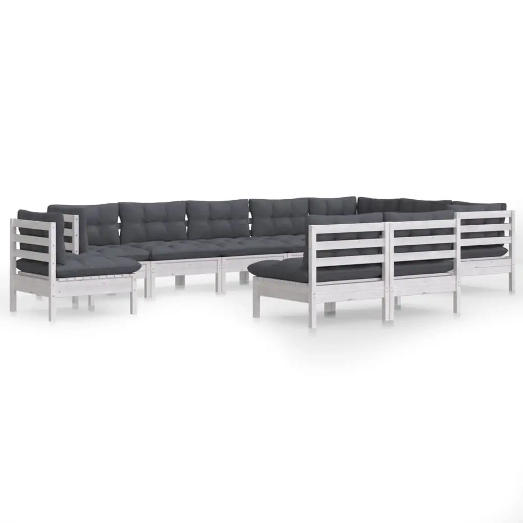 10 Piece Garden Lounge Set with Cushions White Solid Pinewood 3096756 - Furniture