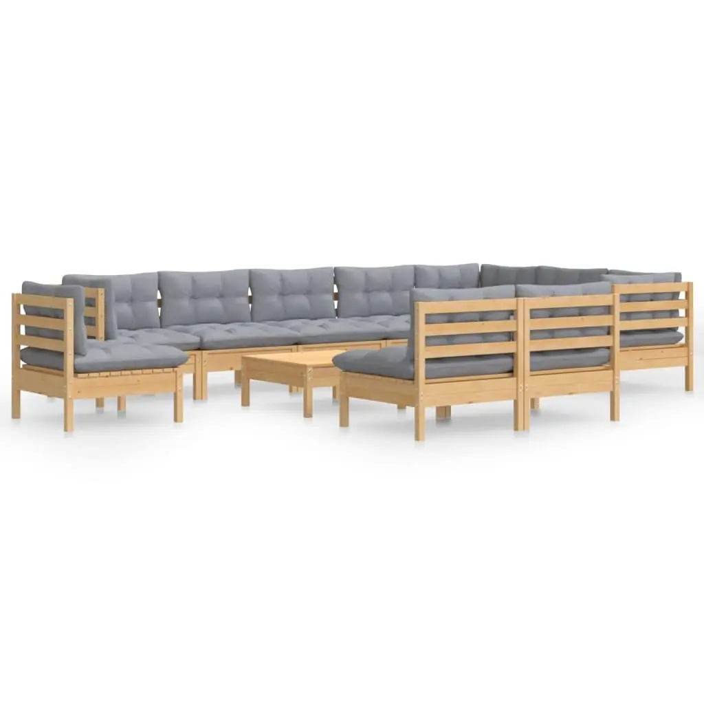 11 Piece Garden Lounge Set with Grey Cushions Solid Pinewood 3096760 - Furniture