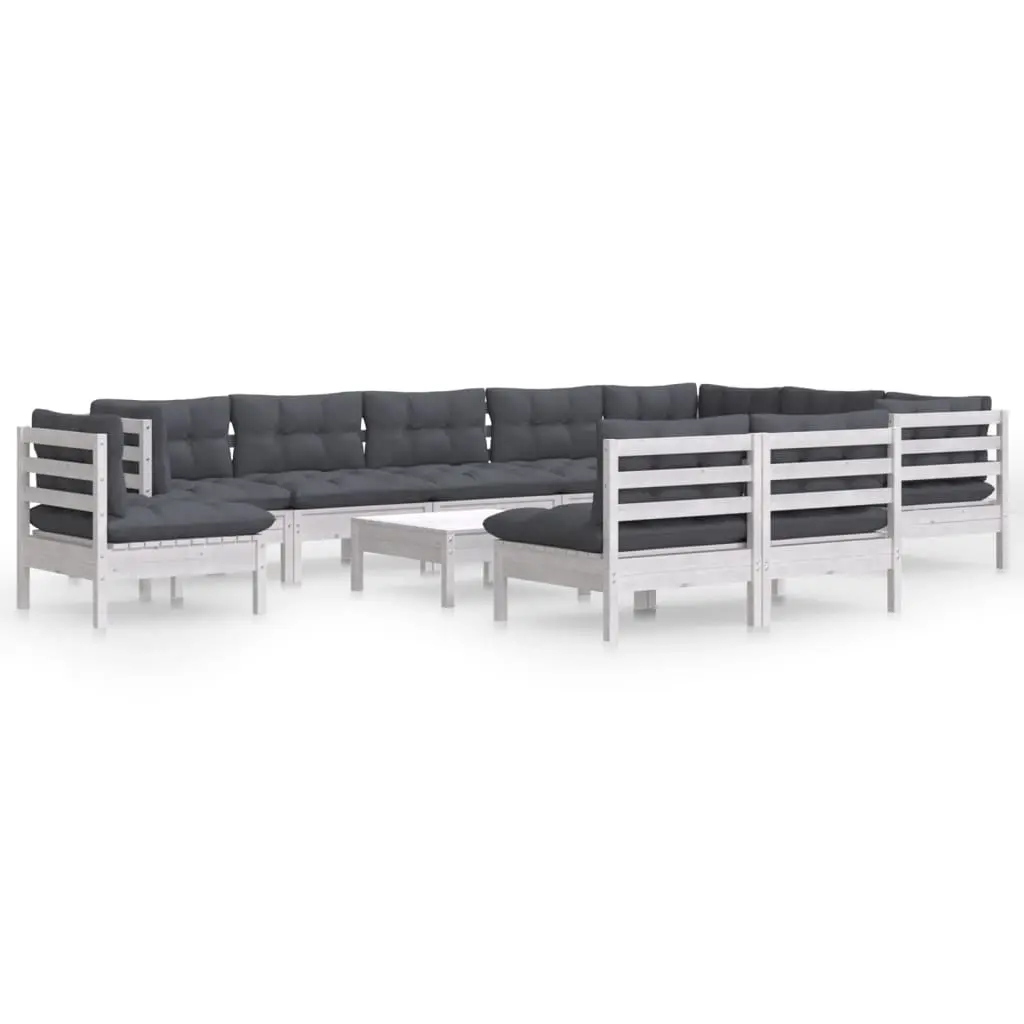 11 Piece Garden Lounge Set with Cushions White Solid Pinewood 3096762 - Furniture