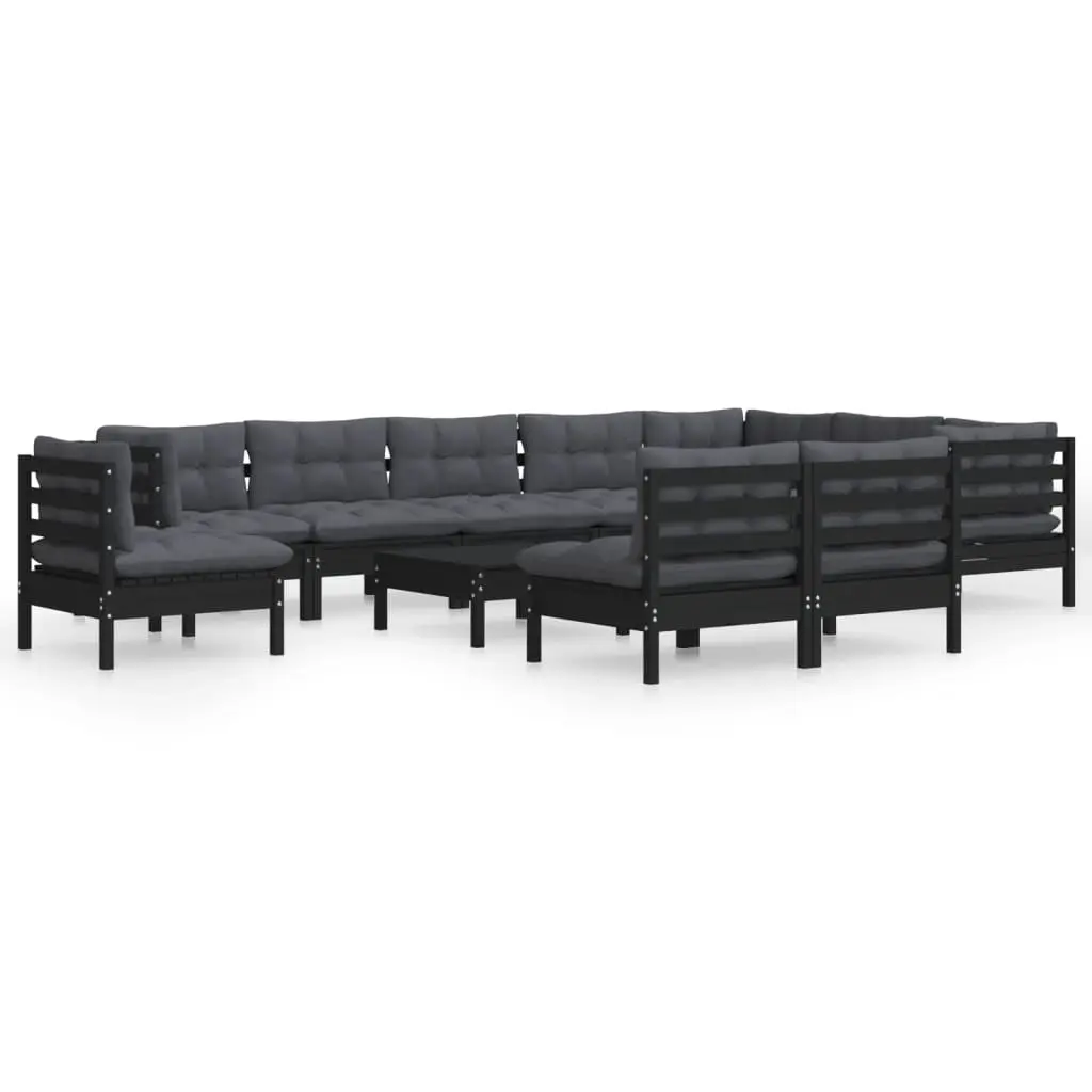 11 Piece Garden Lounge Set with Cushions Black Solid Pinewood 3096765 - Furniture
