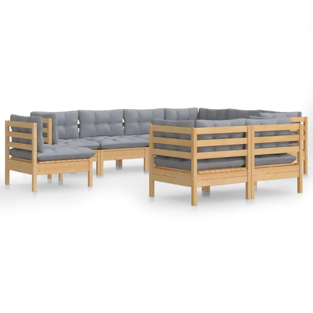 9 Piece Garden Lounge Set with Grey Cushions Solid Pinewood 3096766 - Furniture