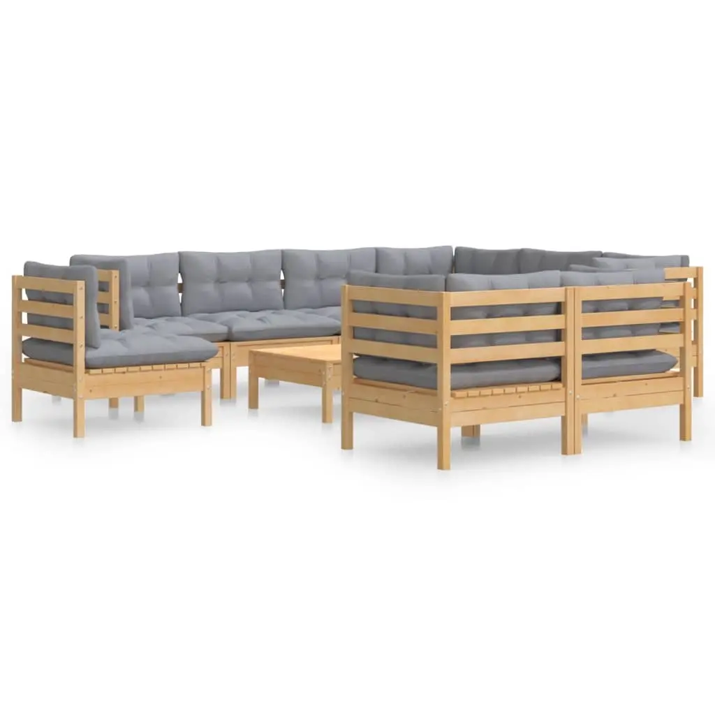 10 Piece Garden Lounge Set with Grey Cushions Solid Pinewood 3096772 - Furniture