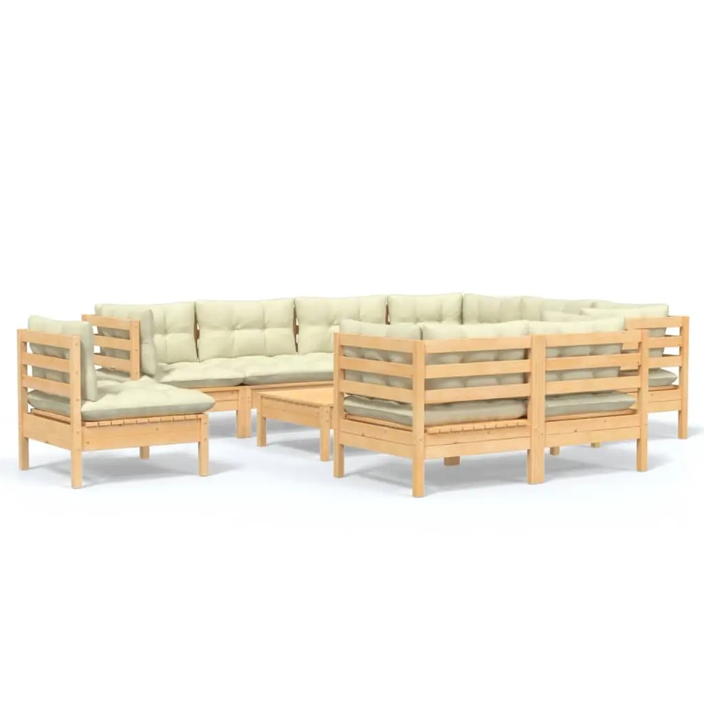 10 Piece Garden Lounge Set with Cream Cushions Solid Pinewood 3096773 - Furniture