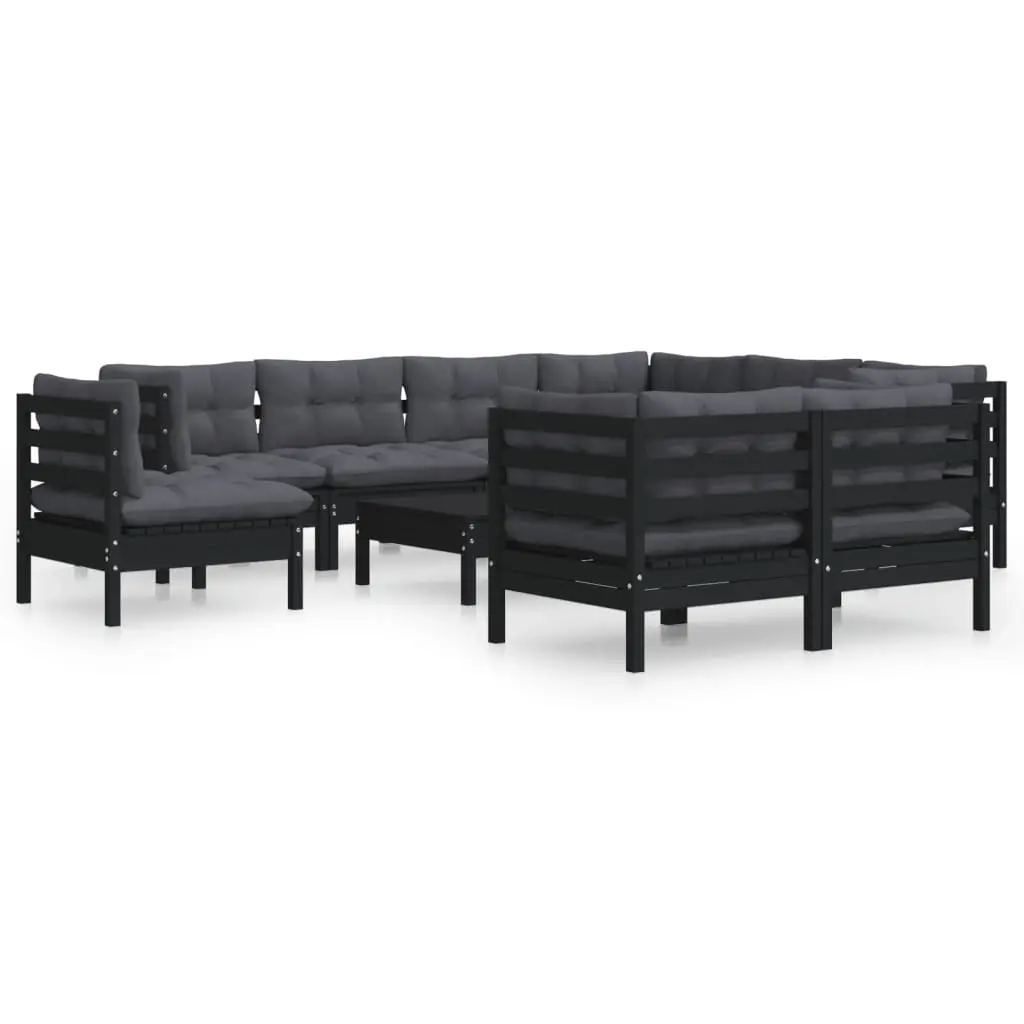 10 Piece Garden Lounge Set with Cushions Black Solid Pinewood 3096777 - Furniture