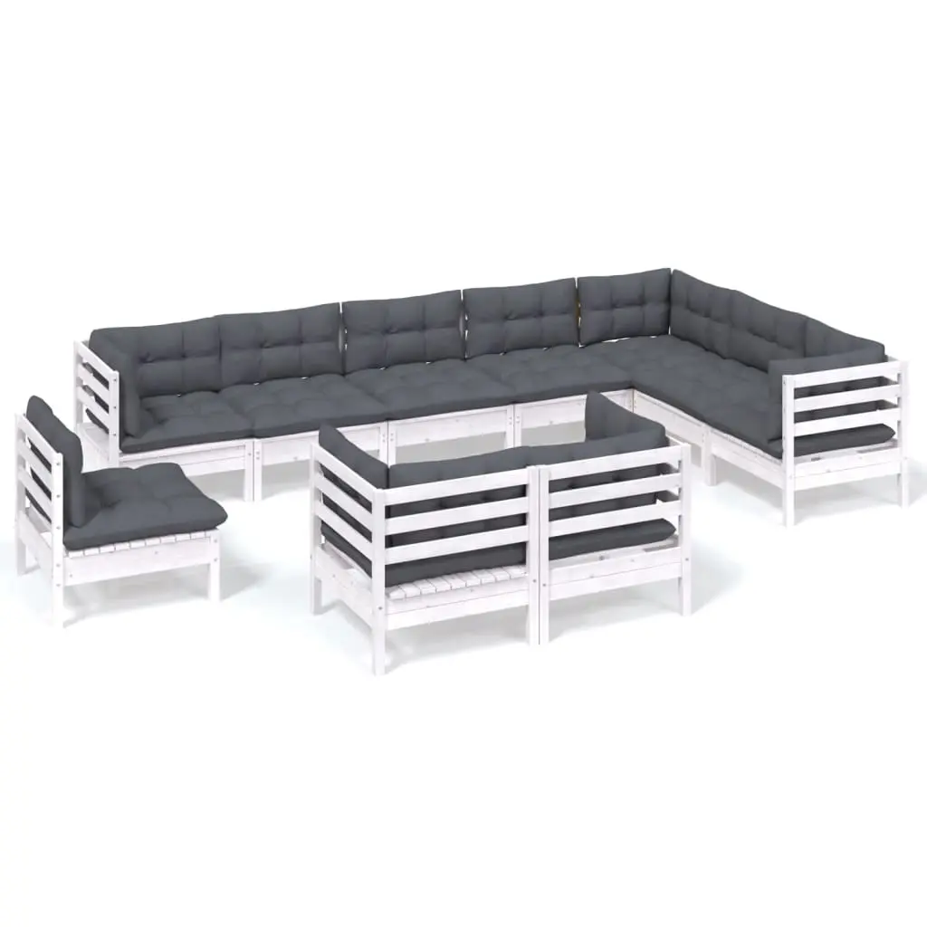 10 Piece Garden Lounge Set with Cushions White Solid Pinewood 3096780 - Furniture