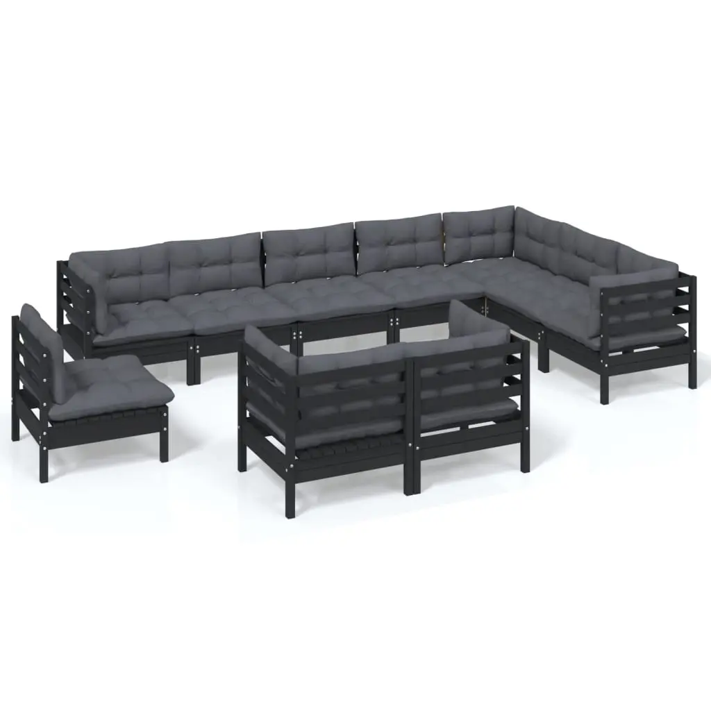 10 Piece Garden Lounge Set with Cushions Black Solid Pinewood 3096783 - Furniture