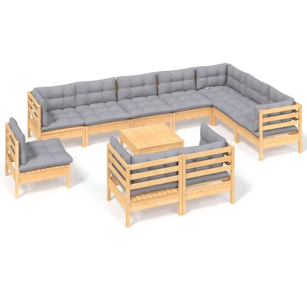 11 Piece Garden Lounge Set with Grey Cushions Solid Pinewood 3096784 - Furniture