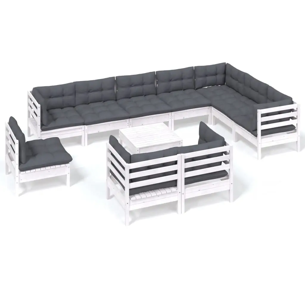 11 Piece Garden Lounge Set with Cushions White Solid Pinewood 3096786 - Furniture