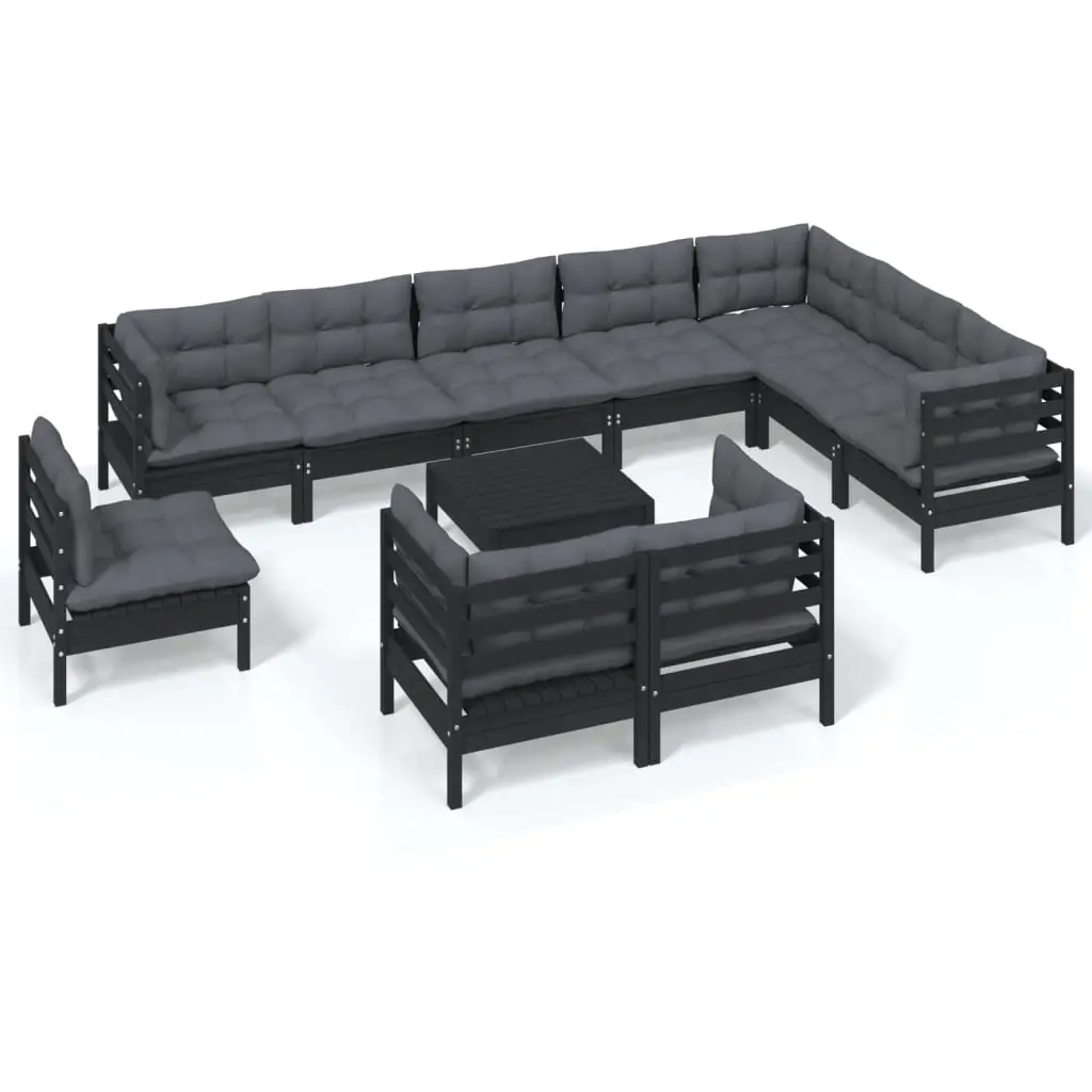 11 Piece Garden Lounge Set with Cushions Black Solid Pinewood 3096789 - Furniture