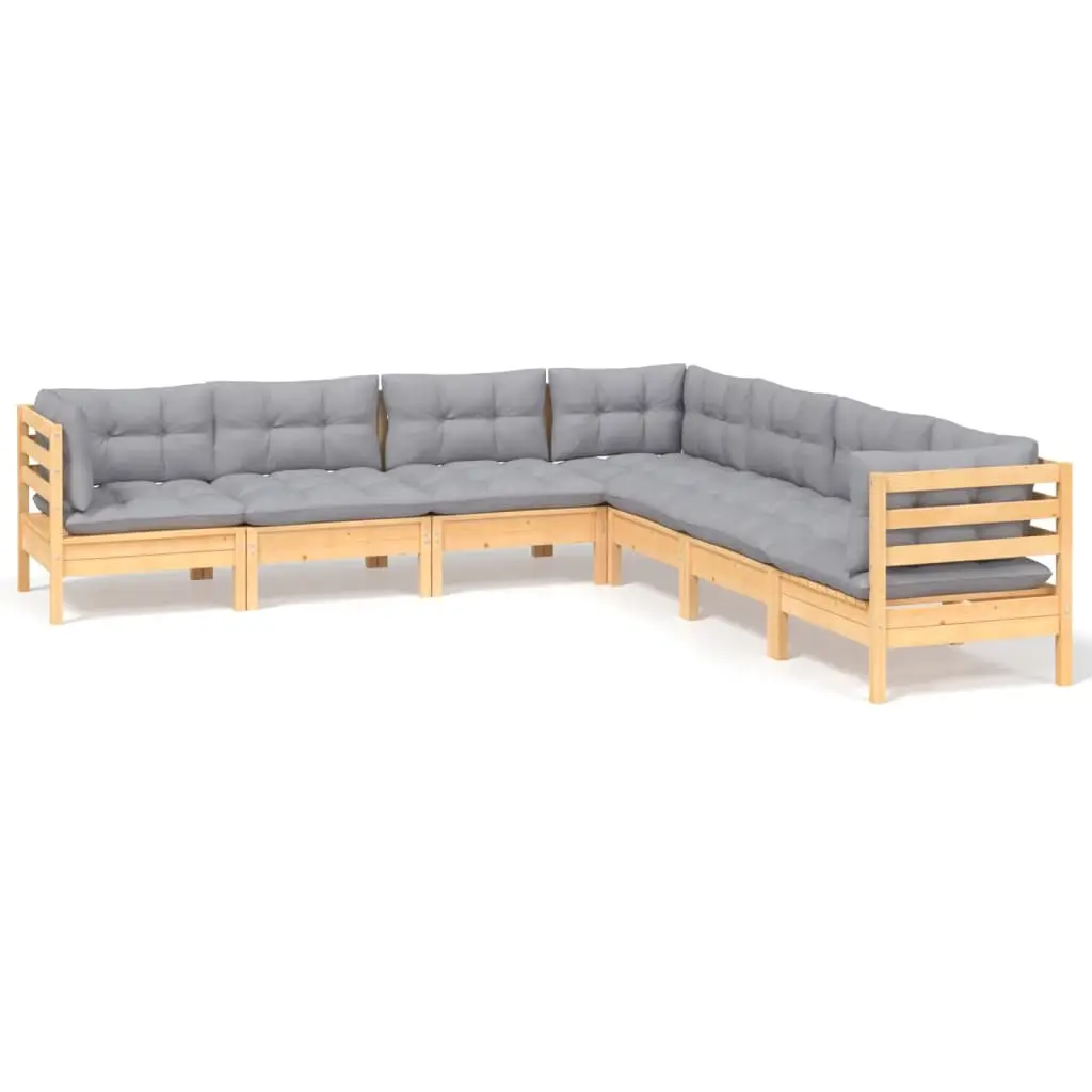 7 Piece Garden Lounge Set with Grey Cushions Solid Pinewood 3096790 - Furniture