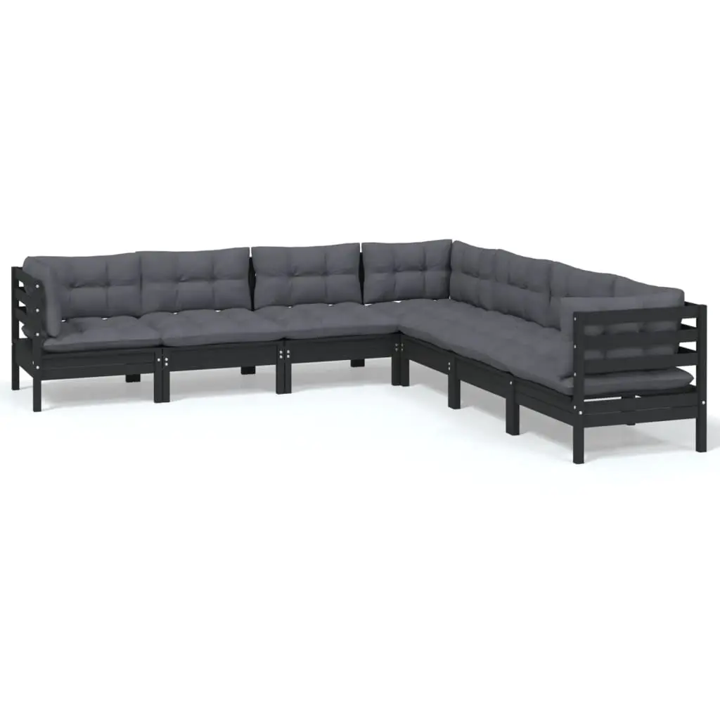7 Piece Garden Lounge Set with Cushions Black Solid Pinewood 3096795 - Furniture