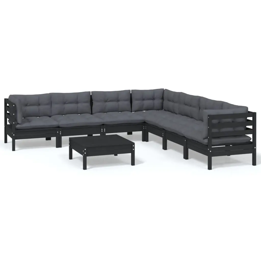 8 Piece Garden Lounge Set with Cushions Black Solid Pinewood 3096801 - Furniture