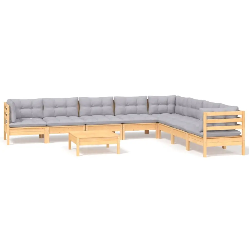 9 Piece Garden Lounge Set with Grey Cushions Solid Pinewood 3096808 - Furniture