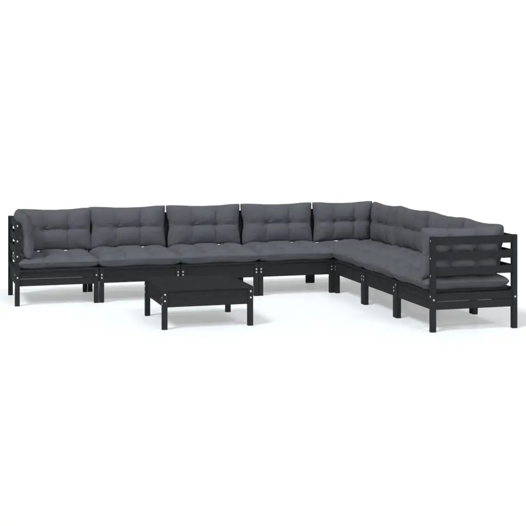 9 Piece Garden Lounge Set with Cushions Black Solid Pinewood 3096813 - Furniture