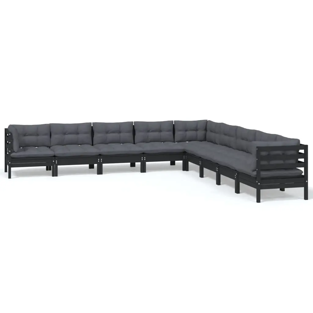9 Piece Garden Lounge Set with Cushions Black Solid Pinewood 3096819 - Furniture