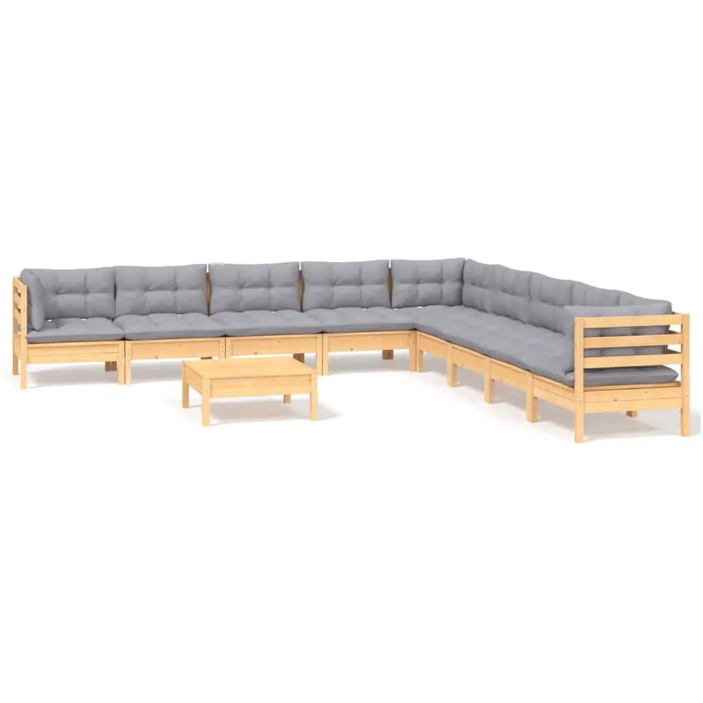 10 Piece Garden Lounge Set with Grey Cushions Solid Pinewood 3096820 - Furniture