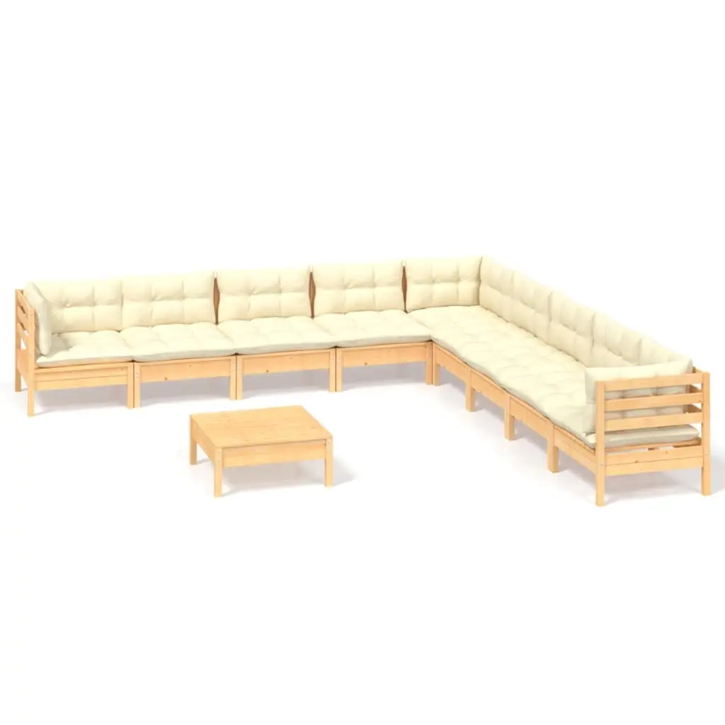 10 Piece Garden Lounge Set with Cream Cushions Solid Pinewood 3096821 - Furniture