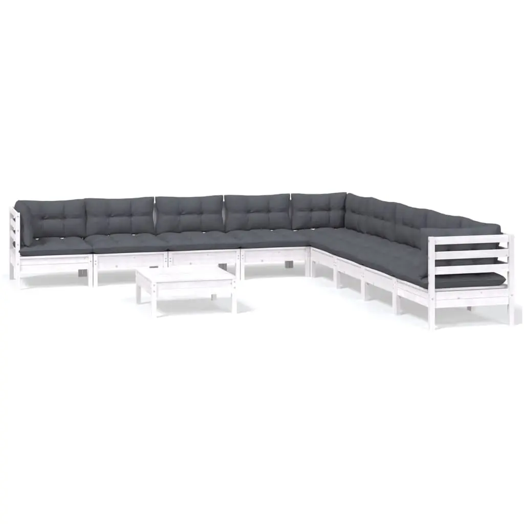 10 Piece Garden Lounge Set with Cushions White Solid Pinewood 3096822 - Furniture