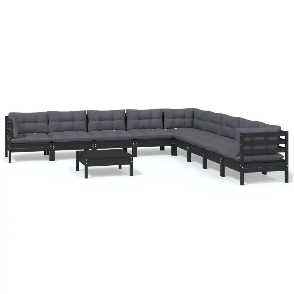 10 Piece Garden Lounge Set with Cushions Black Solid Pinewood 3096825 - Furniture
