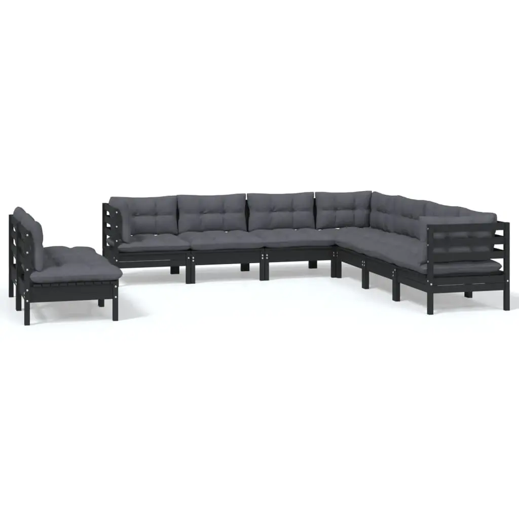 9 Piece Garden Lounge Set with Cushions Black Solid Pinewood 3096831 - Furniture