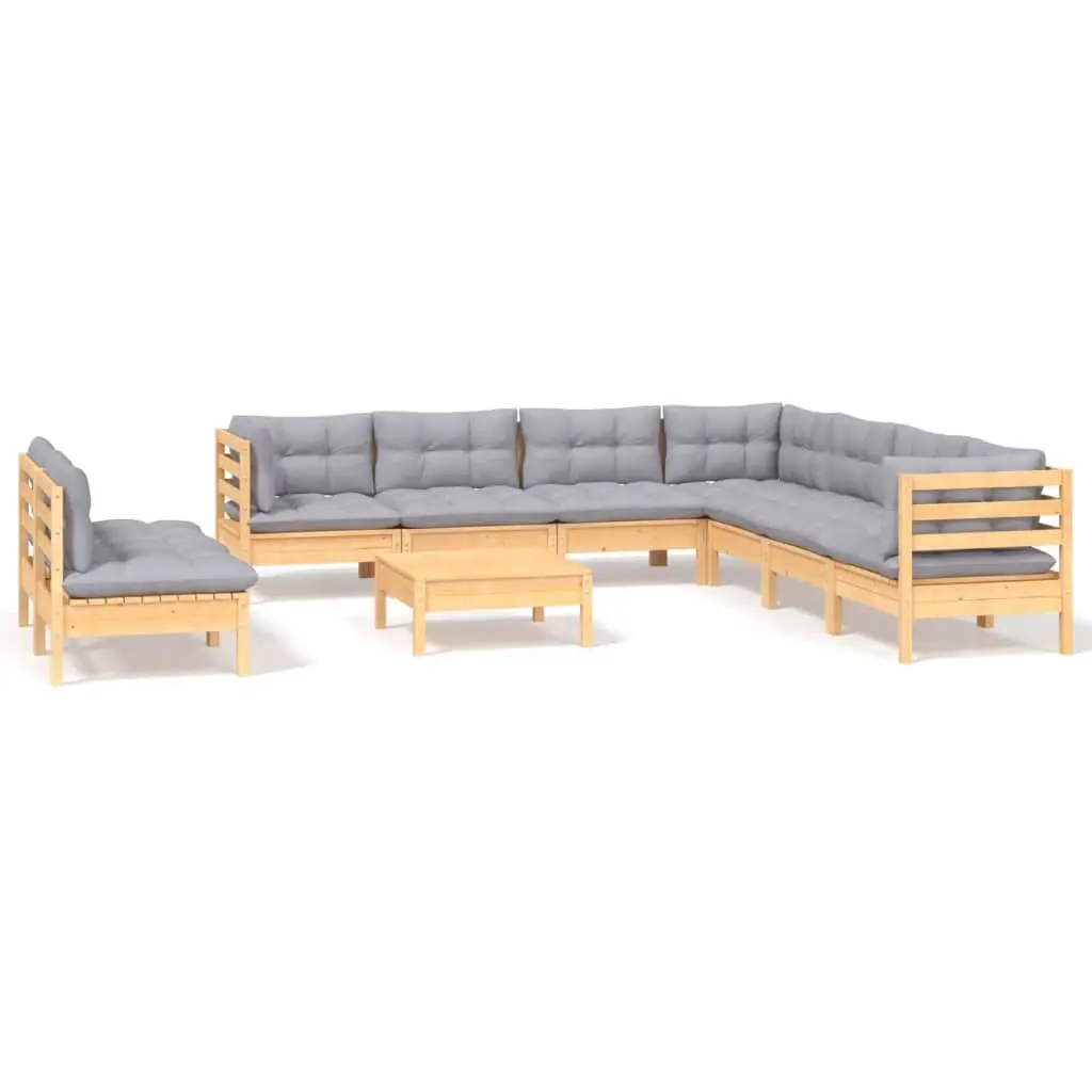 10 Piece Garden Lounge Set with Grey Cushions Solid Pinewood 3096832 - Furniture