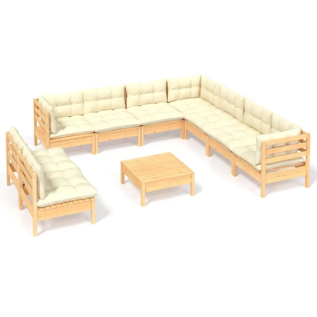 10 Piece Garden Lounge Set with Cream Cushions Solid Pinewood 3096833 - Furniture